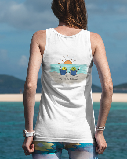 Sun-Sea-Pickleball-on Back Unisex Muscle Shirt