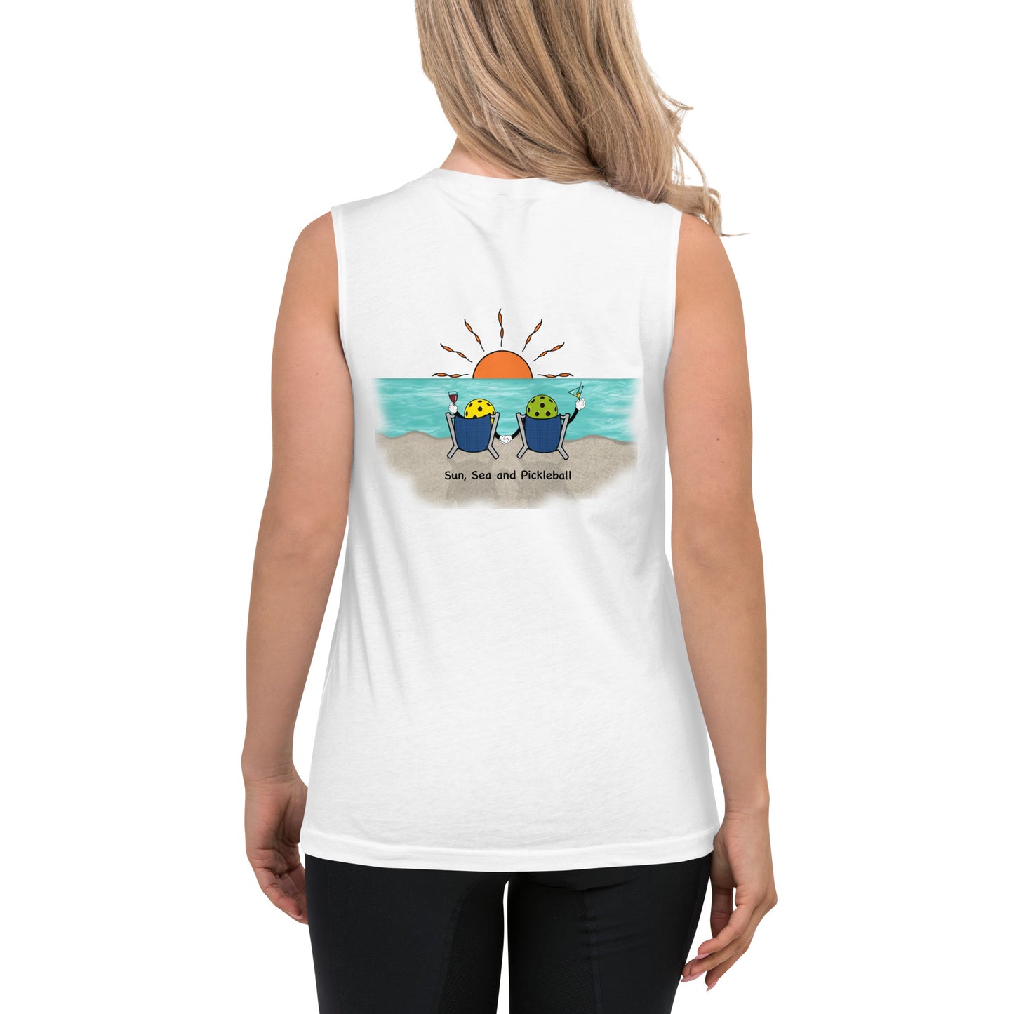 Sun-Sea-Pickleball-on Back Unisex Muscle Shirt - Hotstuff Pickleball