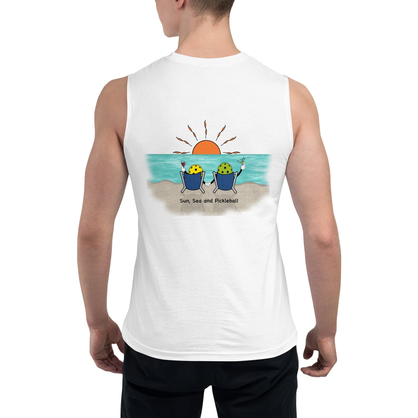 Sun-Sea-Pickleball-on Back Unisex Muscle Shirt - Hotstuff Pickleball