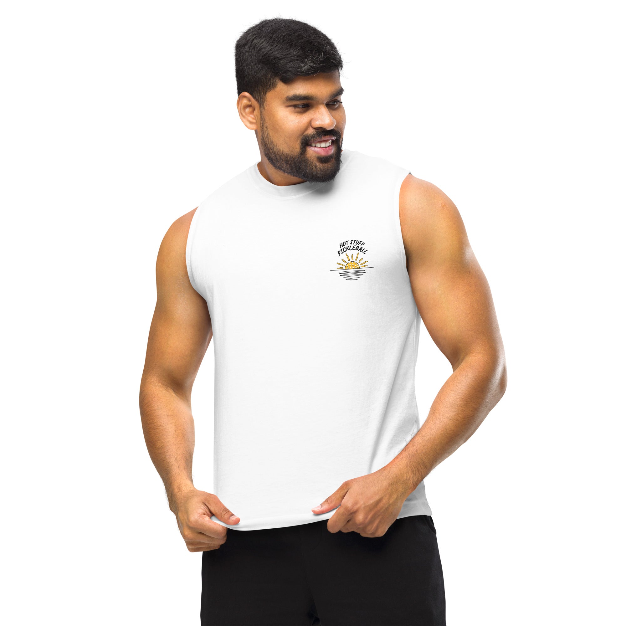 Sun-Sea-Pickleball-on Back Unisex Muscle Shirt